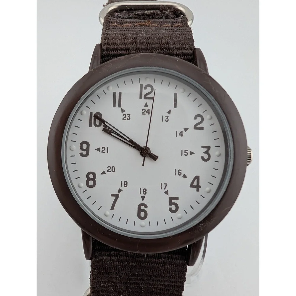 Xhilaration Watch Men 41mm Case Military Time Brown Canvas Strap-‎ New Battery